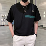 只有黑色男士短袖t恤拼接潮流时尚冰丝薄款社会小伙DT31/特P45，男装T恤，星座301C（原B323）