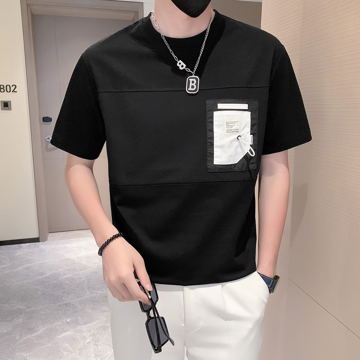 潮牌短袖时尚圆领创意拼接社会风T恤男高档面料白色DT29/P53,男装T恤,星座301C（原B323）