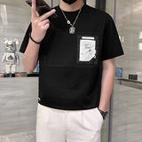 潮牌短袖时尚圆领创意拼接社会风T恤男高档面料黑色DT29/P53，男装T恤，星座301C（原B323）