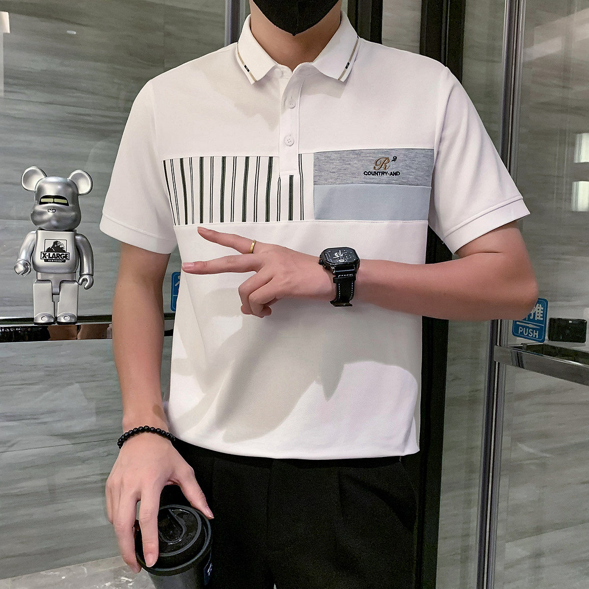 短袖polo衫男潮牌拼接高档高级感痞帅翻领t恤黑色PL13/特P58,男装T恤,星座301C（原B323）