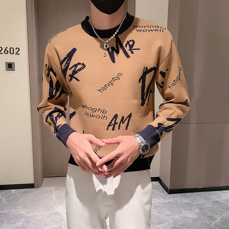 双面穿毛衣男潮牌社会小伙秋冬季字母圆领针织衫 两色 M22-P78图片