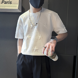 夏季痞帅短袖t恤男五角星提花社会小伙店主风B323-DT33-P48控68图片