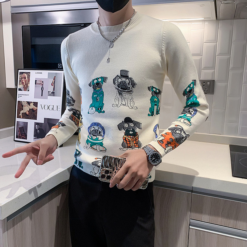 秋冬狗狗图案毛衣男加厚圆领潮牌社会小伙长袖打底衫M24-P88控118,男装针织衫/毛衣,星座301C（原B323）