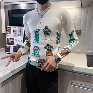 秋冬狗狗图案毛衣男加厚圆领潮牌社会小伙长袖打底衫M24-P88控118,毛衣发箍搭配图片