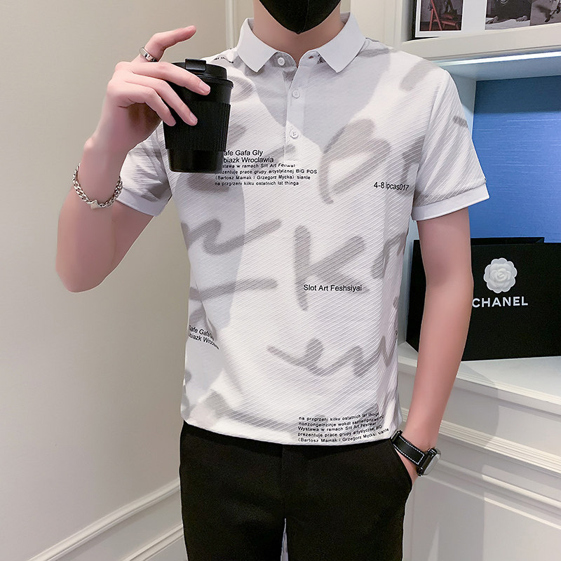 社会小伙短袖polo衫男修身字母印花时尚潮流PL02/P55控75,男装Polo衫,星座301C（原B323）