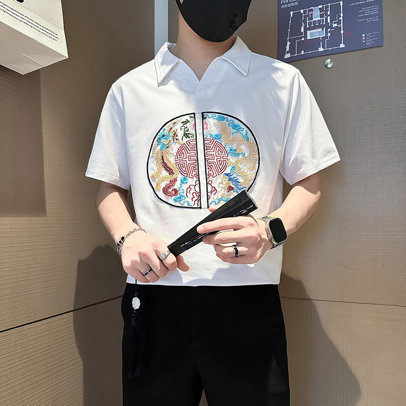 B323-PL22-P55控75社会小伙短袖POLO衫男店主风风大刺绣衣服,男装Polo衫,星座301C（原B323）