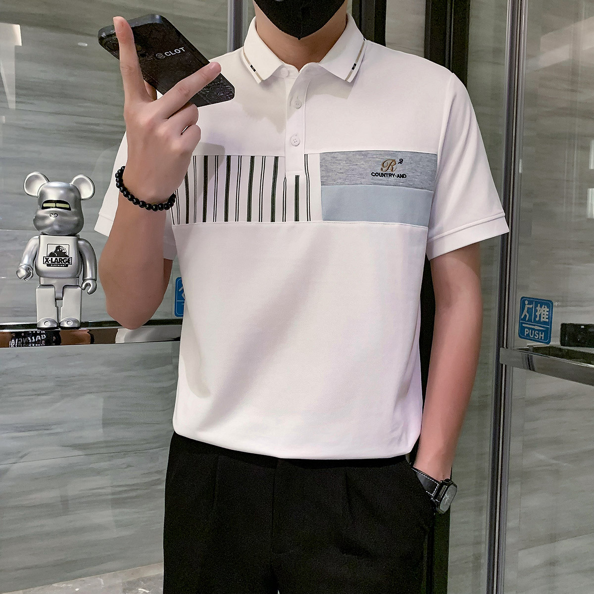 短袖polo衫男潮牌拼接高档高级感痞帅翻领t恤 白色PL13/特P58图片