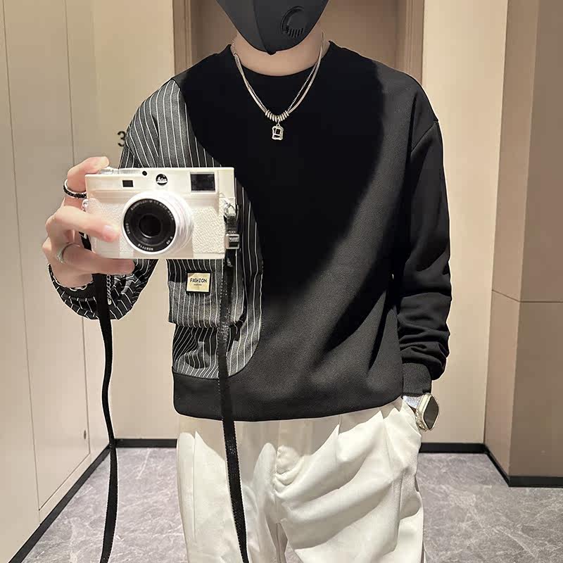 抖音卫衣男社会小伙潮牌条纹拼接圆领外套时尚B323-WY09B-P58,男装卫衣,星座301C（原B323）