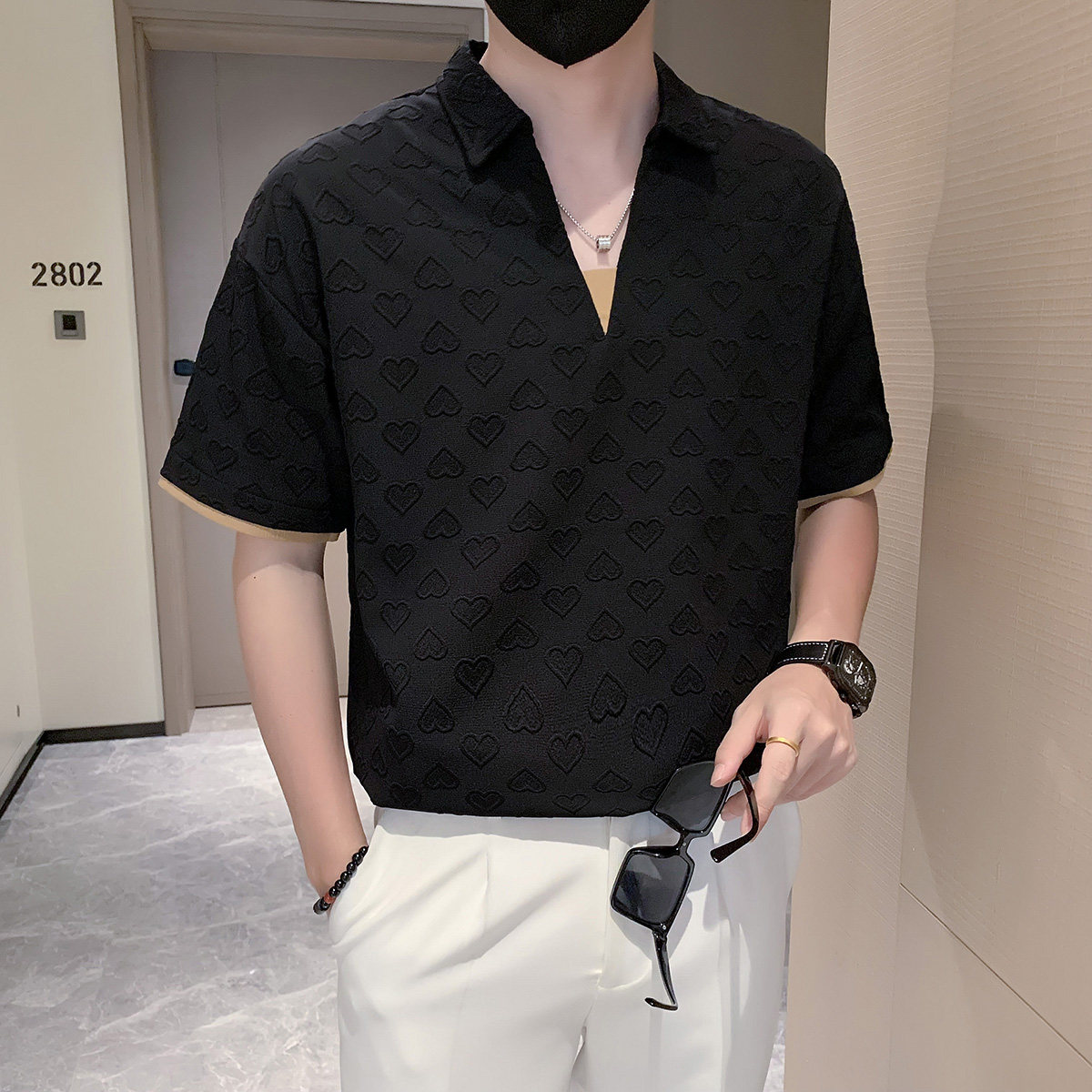 假两件短袖t恤POLO衫男潮牌高级感拼接爱心提花 黑色 PL15/特P45图片