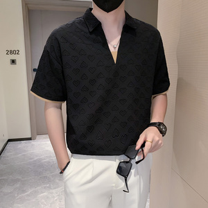 假两件短袖t恤POLO衫男潮牌高级感拼接爱心提花 黑色 PL15/特P45图片