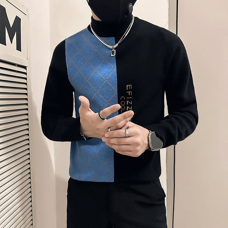 社会小伙毛衣男半高领中领修身拼色加厚针织衫B323-M46-P78控108,男装针织衫/毛衣,星座301C（原B323）