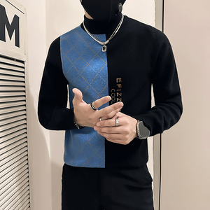 社会小伙毛衣男半高领中领修身拼色加厚针织衫B323-M46-P78控108图片