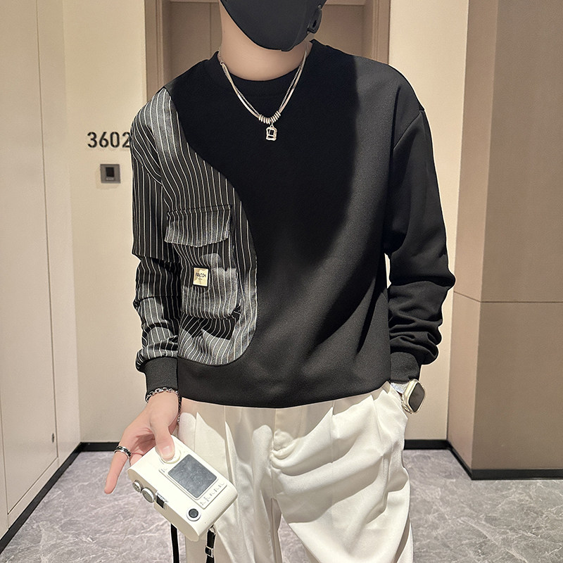 抖音卫衣男社会小伙潮牌条纹拼接圆领外套时尚B323-WY09B-P58,女装短外套,星座301C（原B323）
