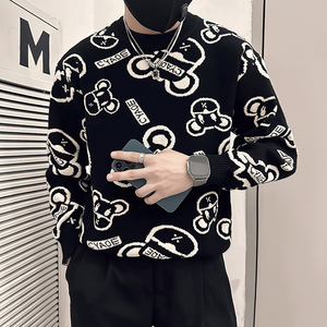 抖音社会小伙毛衣男小熊字母钩花图案加厚针织衫B323-M41-P68控98图片