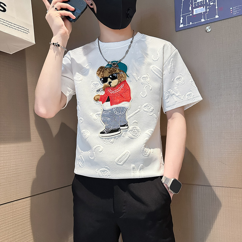 B323-DT66-P48控68社会小伙短袖T恤男店主风小熊刺绣潮流半袖衣服图片