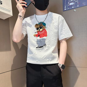 B323-DT66-P48控68社会小伙短袖T恤男店主风小熊刺绣潮流半袖衣服图片