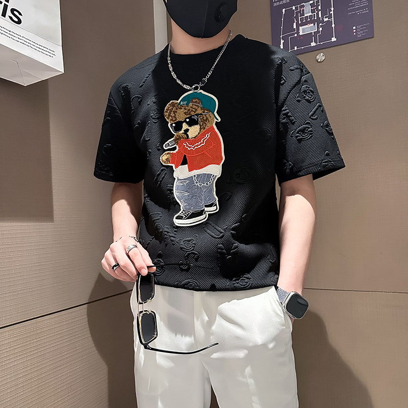B323-DT66-P48控68社会小伙短袖T恤男店主风小熊刺绣潮流半袖衣服,男装T恤,星座301C（原B323）