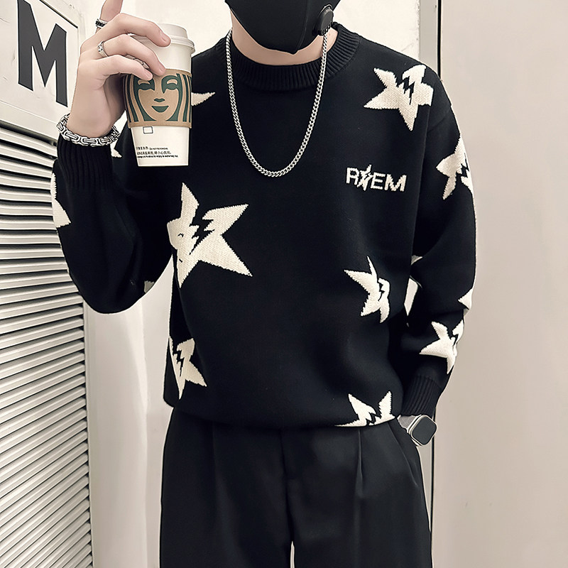 抖音五角星钩花毛衣男圆领加厚针织打底衫B323-M40-P68控98,男装T恤,星座301C（原B323）