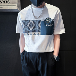 撞色男士短袖t恤拼接刺绣社会小伙店主风夏季半袖B323-DT55-P58图片