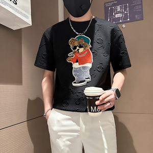 B323-DT66-P48控68社会小伙短袖T恤男店主风小熊刺绣潮流半袖衣服图片