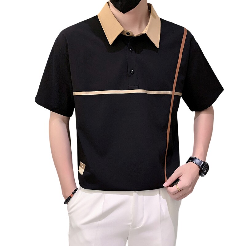 短袖polo衫男夏季潮牌高级感贴条翻领社会风T恤黑色PL14/特P45,男装T恤,星座301C（原B323）