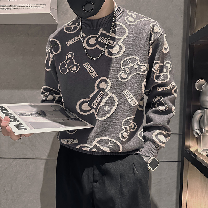 抖音社会小伙毛衣男小熊提花高品质针织衫B323-M41A-P68控98图片