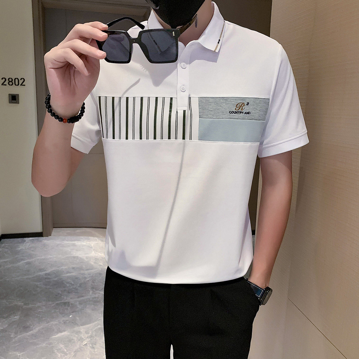 短袖polo衫男潮牌拼接高档高级感痞帅翻领t恤白色PL13/特P58,男装T恤,星座301C（原B323）