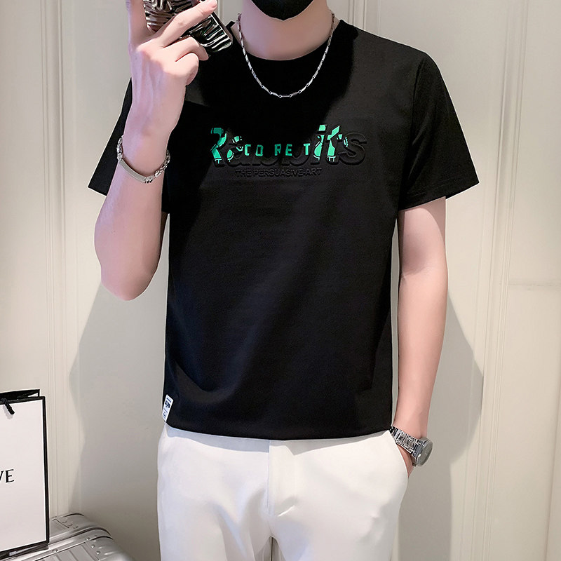 短袖T恤男潮牌社会小伙时尚圆领字母立体浮雕B323-DT09-特P48控68,男装T恤,星座301C（原B323）