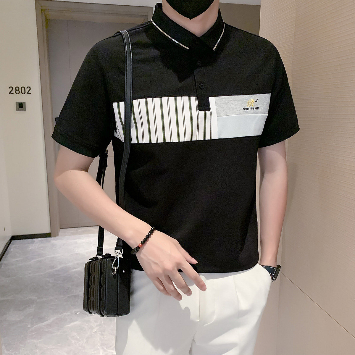 短袖polo衫男潮牌拼接高档高级感痞帅翻领t恤黑色PL13/特P58,男装T恤,星座301C（原B323）