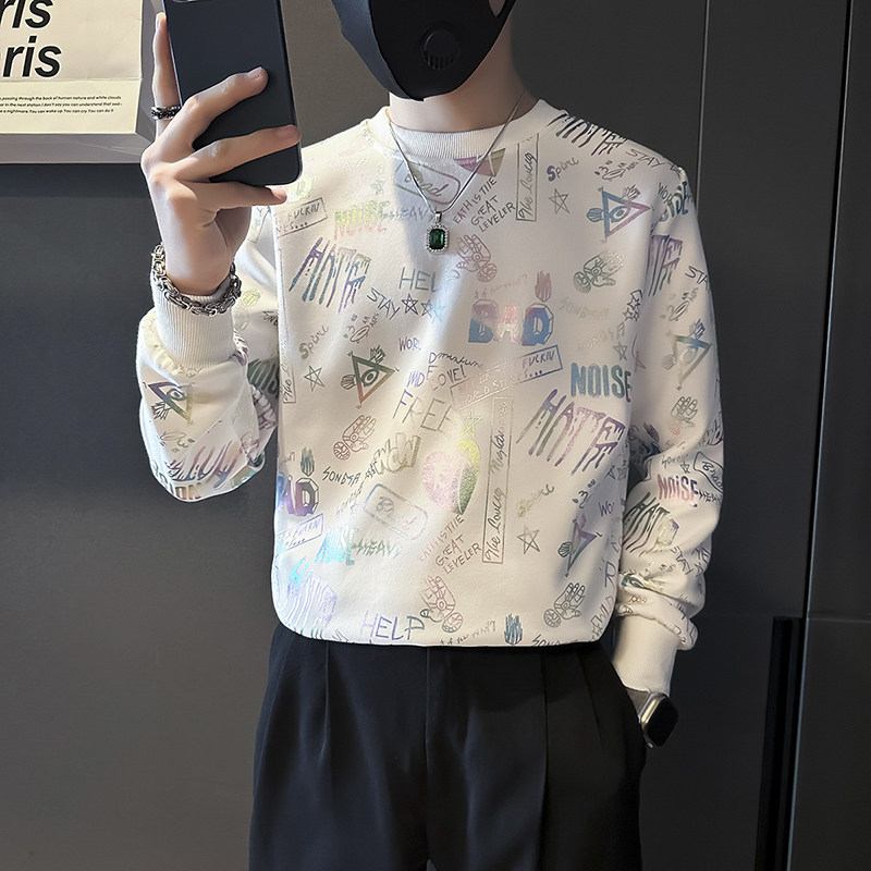 潮牌彩色印花卫衣男圆领长袖社会小伙店主风B323/WY18B/P58控78,男装卫衣,星座301C（原B323）