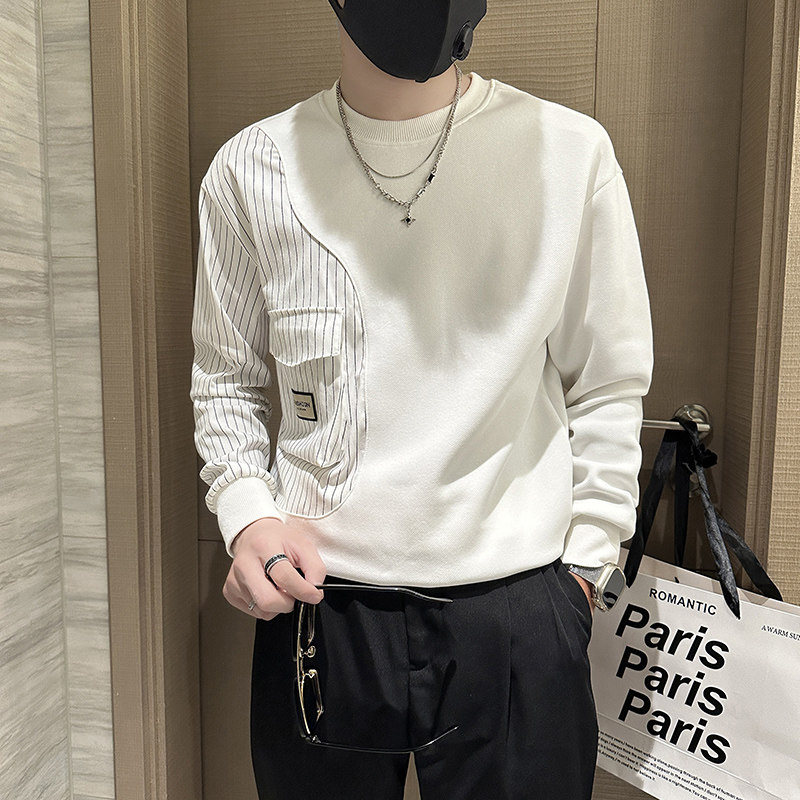 抖音卫衣男社会小伙潮牌条纹拼接圆领外套时尚B323-WY09B-P58,男装卫衣,星座301C（原B323）