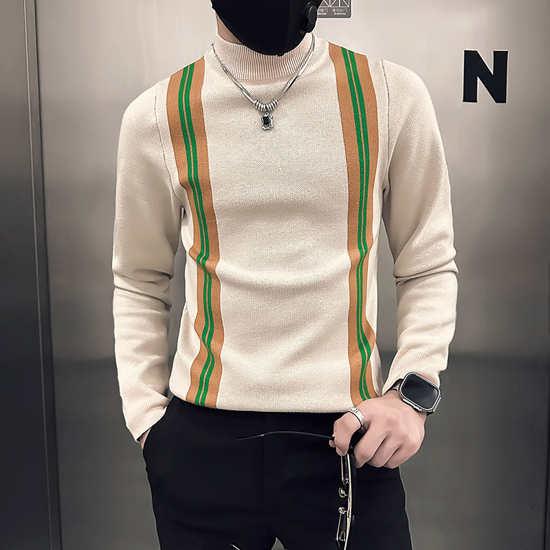 半高领中领毛衣男修身拼色潮流社会小伙针织衫B323-M45-P78控108图片