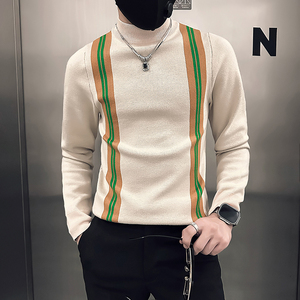 半高领中领毛衣男修身拼色潮流社会小伙针织衫B323-M45-P78控108图片