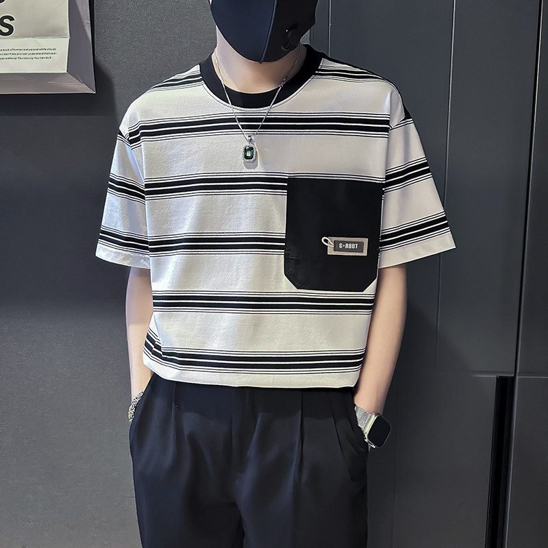 夏季条纹T恤男宽松高级痞帅社会小伙店主风B323-DT45-特P58控78,男装T恤,星座301C（原B323）
