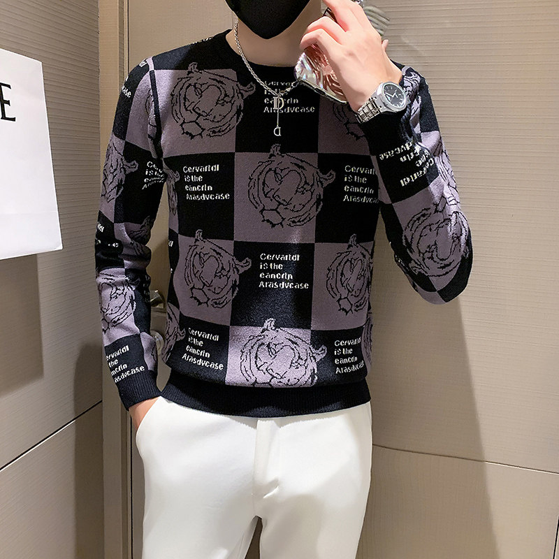 秋冬加厚老虎格子图案毛衣男潮牌社会小伙修身高级感M23-P88两色,男装针织衫/毛衣,星座301C（原B323）