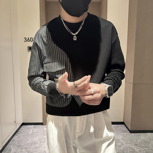 抖音卫衣男社会小伙潮牌条纹拼接圆领外套时尚B323-WY09B-P58图片