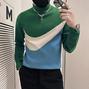 社会小伙毛衣男半高领高级感修身拼色针织衫B323-M49-P78控108图片