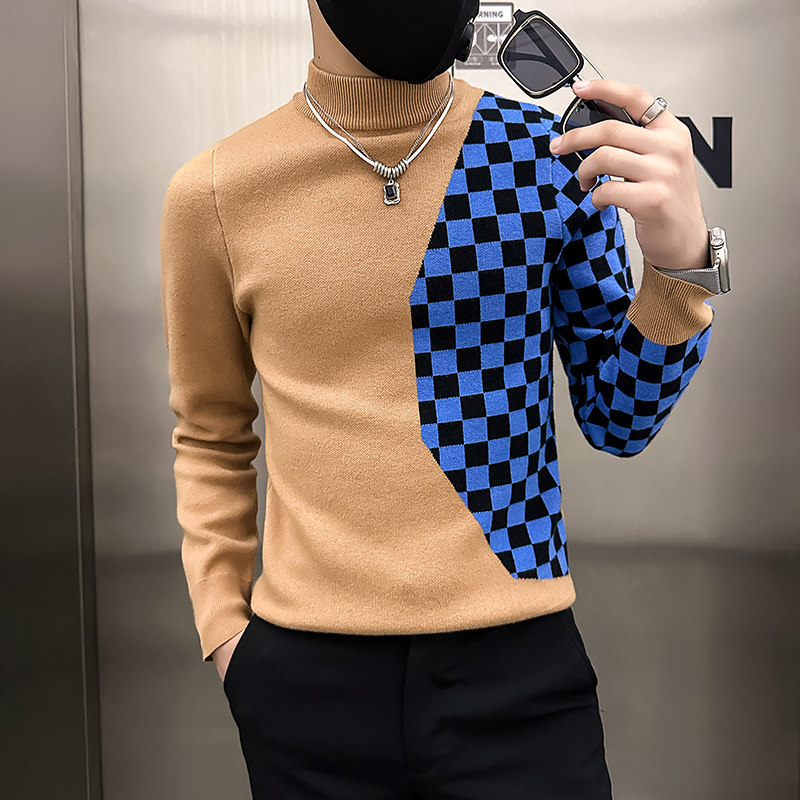 社会小伙毛衣男半高领修身棋盘格拼色针织衫B323-M48-P78控108,男装针织衫/毛衣,星座301C（原B323）