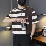 夏季潮牌ins宽松条纹短袖T恤社会小伙店主风B323-DT46-特P58控78，男装T恤，星座301C（原B323）