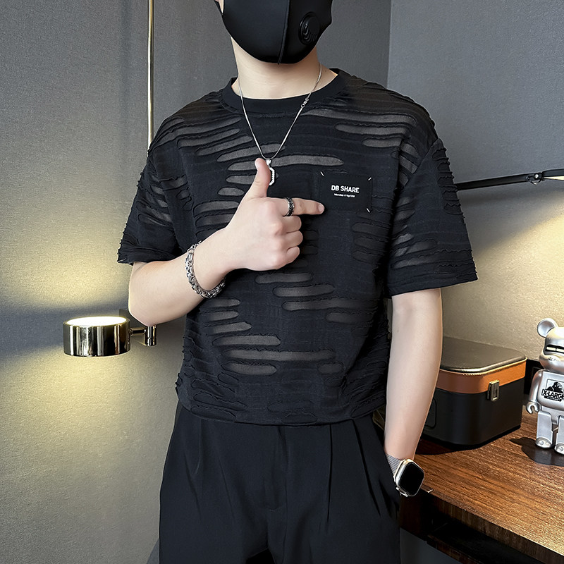 潮男痞帅破洞男士短袖t恤修身社会小伙店主风B323-DT38-P48控68图片