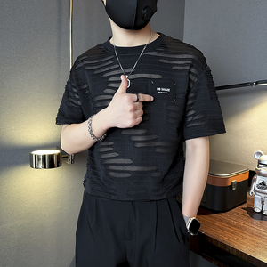 潮男痞帅破洞男士短袖t恤修身社会小伙店主风B323-DT38-P48控68图片
