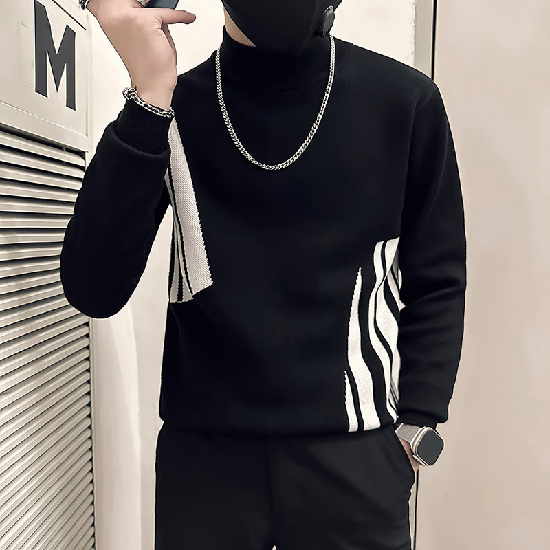 抖音社会小伙毛衣男半高领撞色针织打底衫B323-M38-P78控108图片
