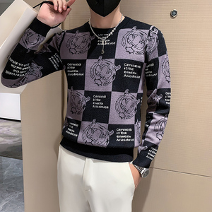 秋冬加厚老虎格子图案毛衣男潮牌社会小伙修身高级感M23-P88 两色图片