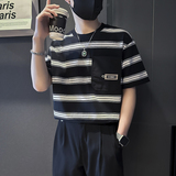 夏季条纹T恤男宽松高级痞帅社会小伙店主风B323-DT45-特P58控78，男装T恤，星座301C（原B323）