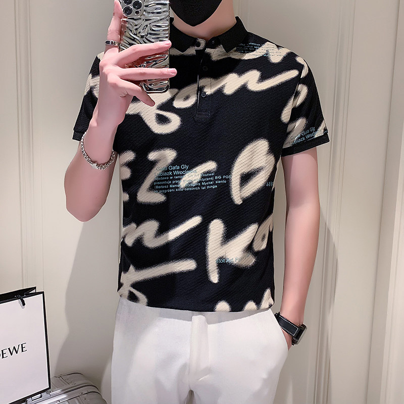 社会小伙短袖polo衫男修身字母印花时尚潮流PL02/P55控75,男装Polo衫,星座301C（原B323）