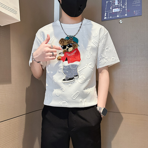 B323-DT66-P48控68社会小伙短袖T恤男店主风小熊刺绣潮流半袖衣服图片
