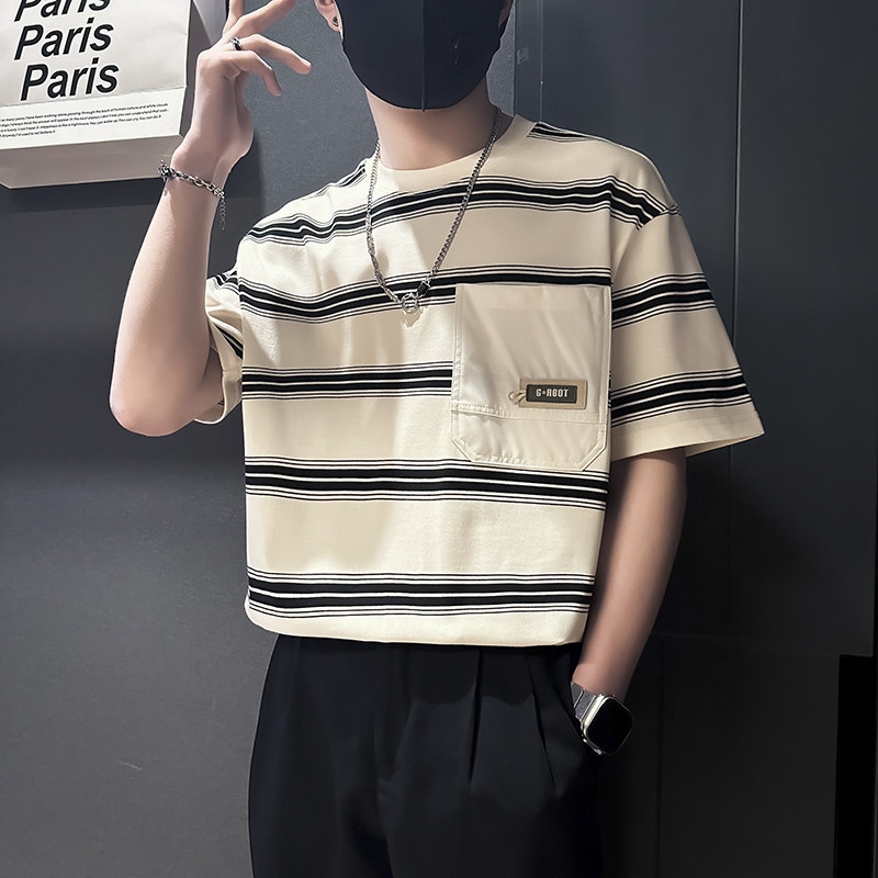 夏季条纹T恤男宽松高级痞帅社会小伙店主风B323-DT45-特P58控78,男装T恤,星座301C（原B323）