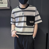 夏季条纹T恤男宽松高级痞帅社会小伙店主风B323-DT45-特P58控78，男装T恤，星座301C（原B323）