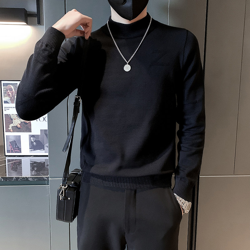 社会小伙毛衣男冬季半高领字母提花修身打底衫黑色M25-P58,男装针织衫/毛衣,星座301C（原B323）