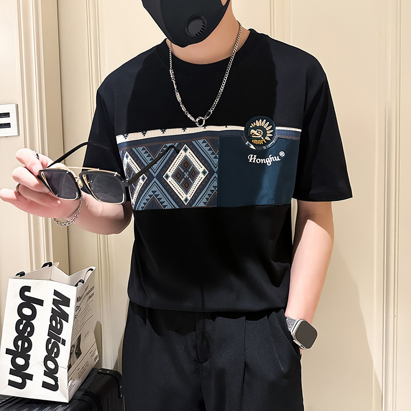 撞色男士短袖t恤拼接刺绣社会小伙店主风夏季半袖B323-DT55-P58,男装T恤,星座301C（原B323）